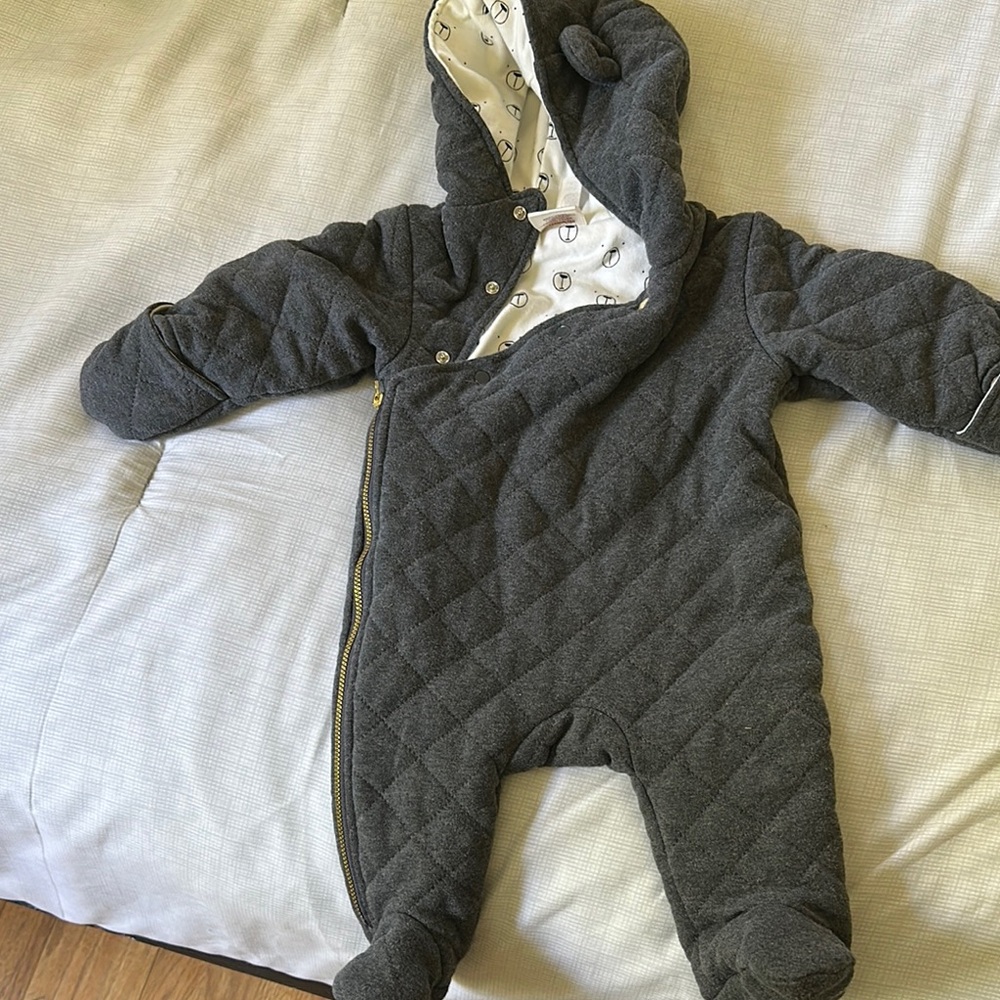 Gray Quilted Footies One Piece with Hood